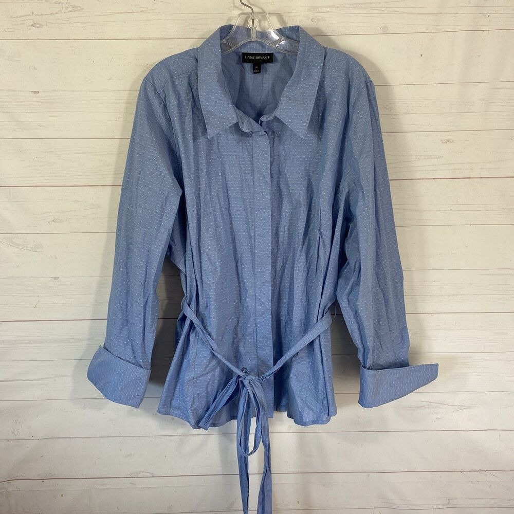 Lane Bryant Womens Belted Button Front Blouse Sz 28 Blue Print Cotton Blend